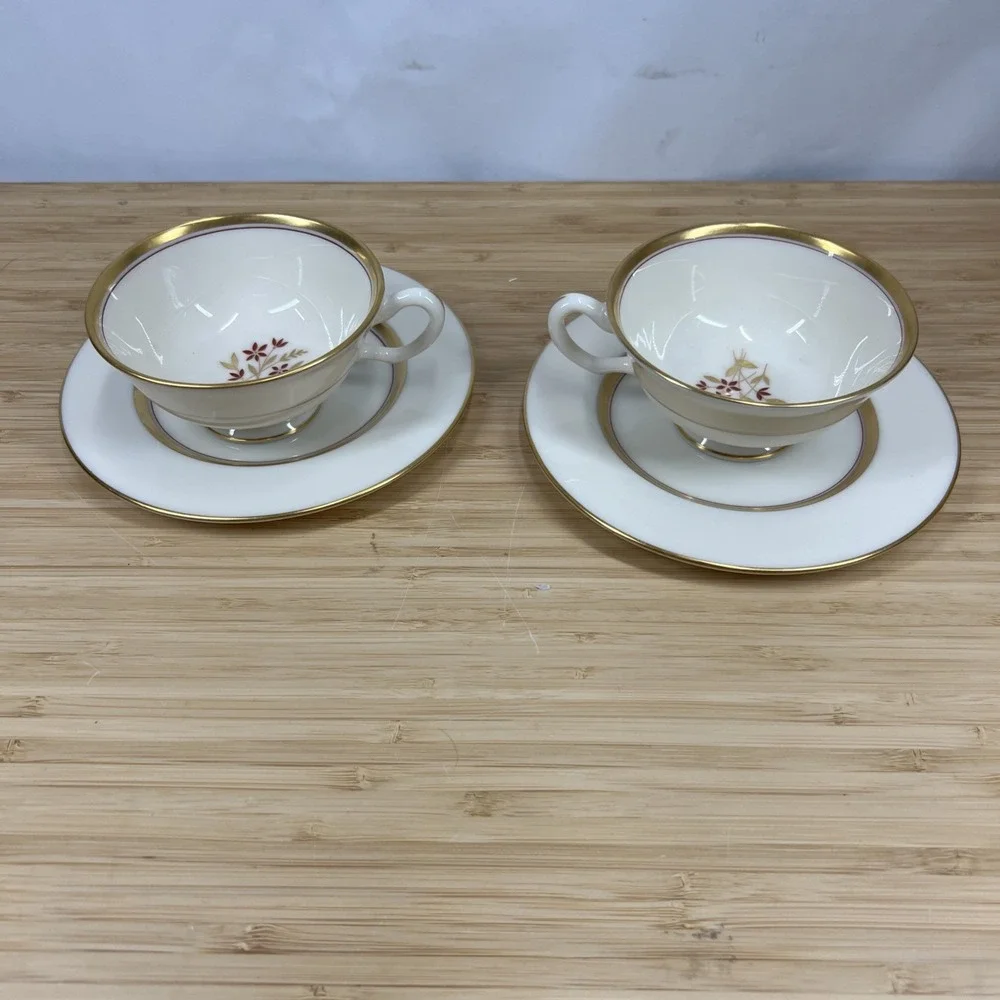 Lenox Nydia P-419-W Teacup & Saucer Set of 2 Vintage Porcelain Gold Trim USA‎